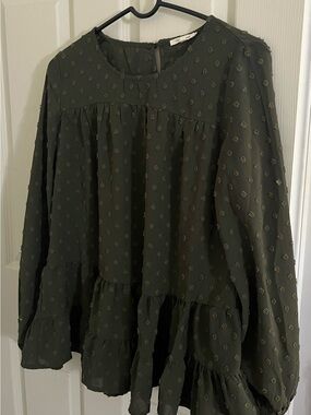 Women’s Olive Green Long-Sleeve Ruffle Blouse